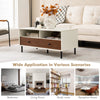Modern rectangle coffee table with storage shelves and drawers in white, perfect for living room or bedroom use.