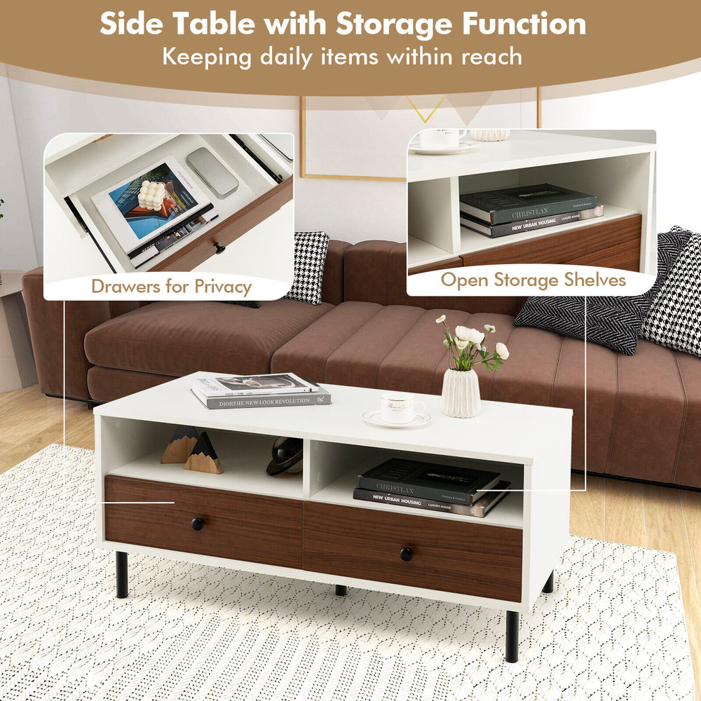 Stylish side table in white with two drawers and open shelves, perfect for organizing items in living rooms or bedrooms.