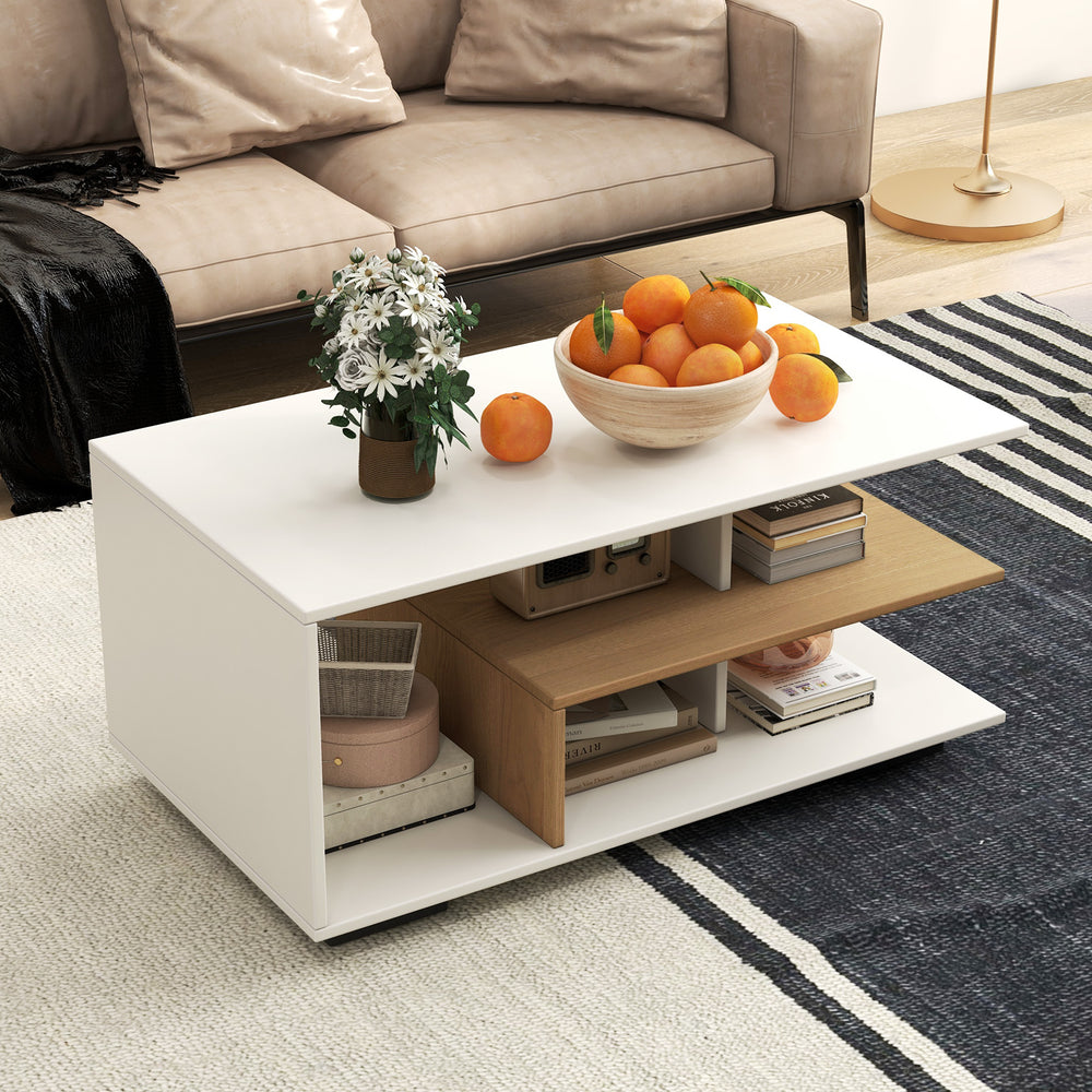 Rectangular coffee table with L-shaped middle shelf in white, featuring ample storage and a waterproof surface for easy.