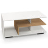 Rectangular coffee table with L-shaped middle shelf in white, featuring a geometric design and ample storage space.