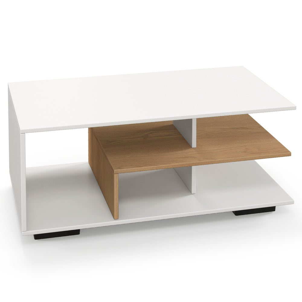 Rectangular coffee table with L-shaped middle shelf in white, featuring a geometric design and ample storage space.