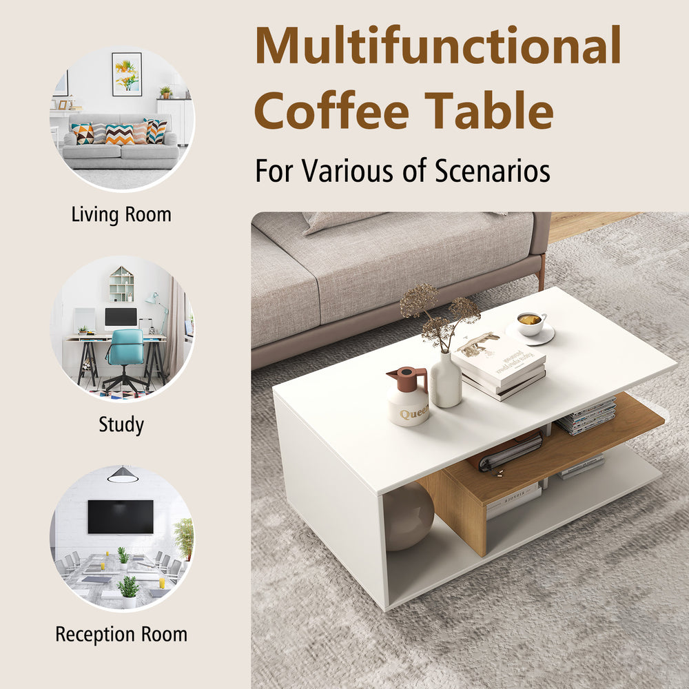 Rectangular coffee table with L-shaped middle shelf in white, featuring 3 tiers for storage and a geometric design.