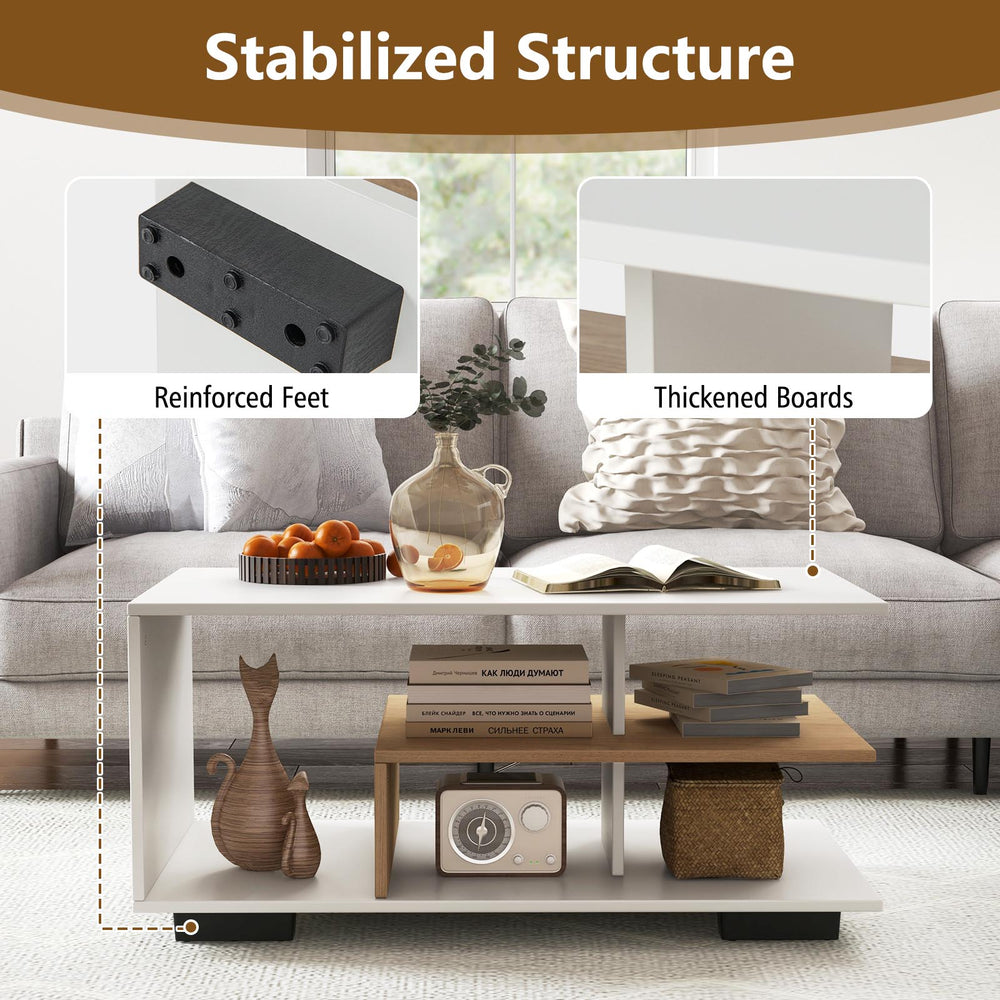 Rectangular coffee table in white with L-shaped middle shelf, featuring reinforced feet and thickened boards for.