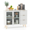 Modern sideboard buffet cabinet in white with gold legs, featuring 2 glass doors and 3 drawers for organized storage.