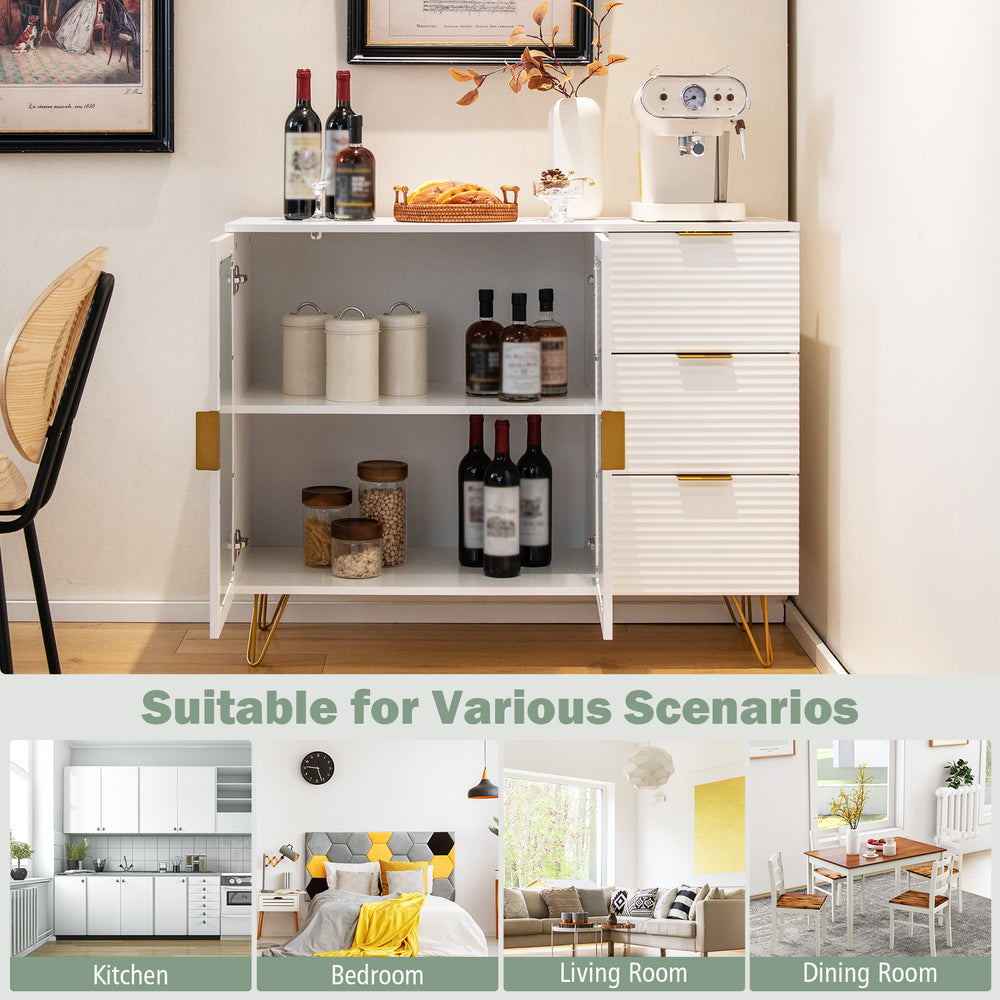 Modern white sideboard buffet cabinet with gold legs, featuring 2 doors and 3 drawers for organized storage in dining.