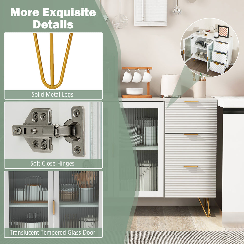 Detail of the Modern Sideboard Buffet Cabinet showcasing soft close hinges and solid metal legs for stability.
