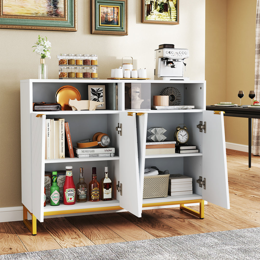 Modern sideboard cabinet in white with 4 doors, adjustable shelves, and gold metal legs for elegant storage in any room.