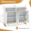 Dimensions of the Modern Sideboard Cabinet with 4 doors, adjustable shelves, and a white finish for versatile storage.