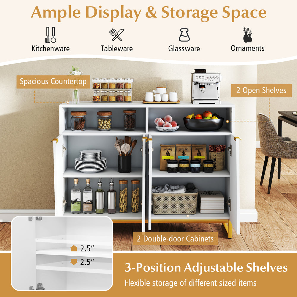 Modern sideboard cabinet in white with 4 doors, adjustable shelves, and spacious countertop for versatile storage.