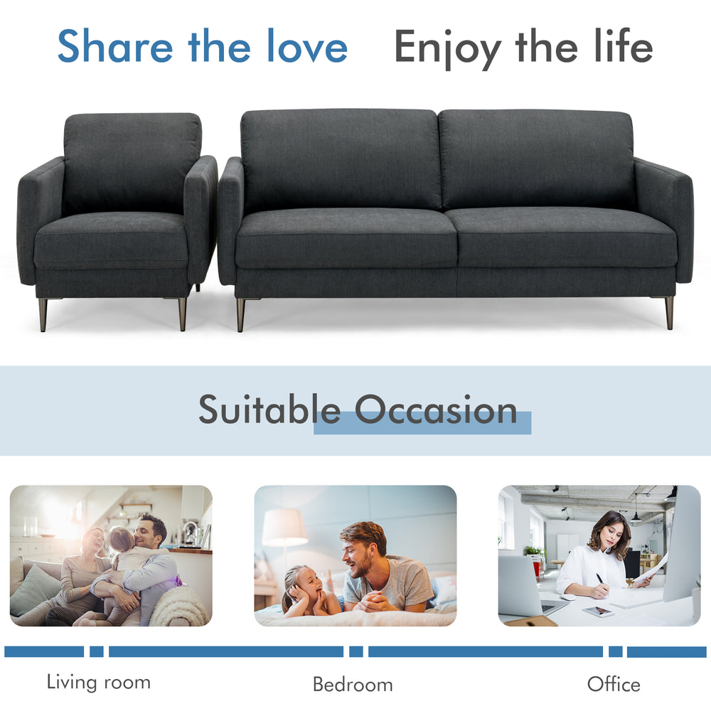 Modern gray sofa set with removable backrest cushions and solid metal legs, perfect for living room or office use.