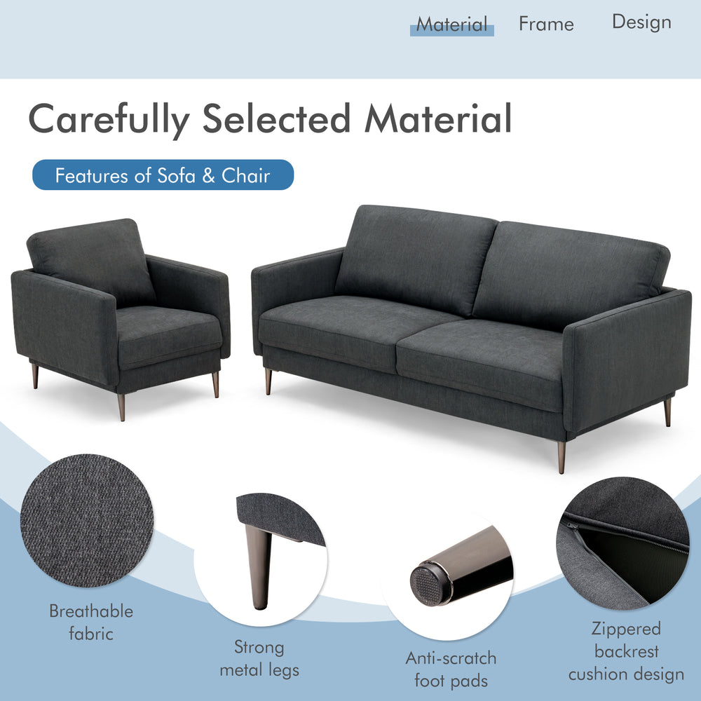 Gray modern sofa set with solid metal legs, removable backrest cushions, and breathable fabric for stylish comfort.