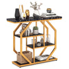 Modern 4-tier console table with black faux marble top and gold geometric frame, perfect for living room organization.