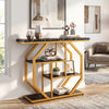 Modern 4-tier console table with faux marble tabletop and gold metal frame, ideal for living room or hallway.