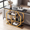 Sleek side view of modern console table featuring black faux marble top and gold metal frame, ideal for stylish decor.