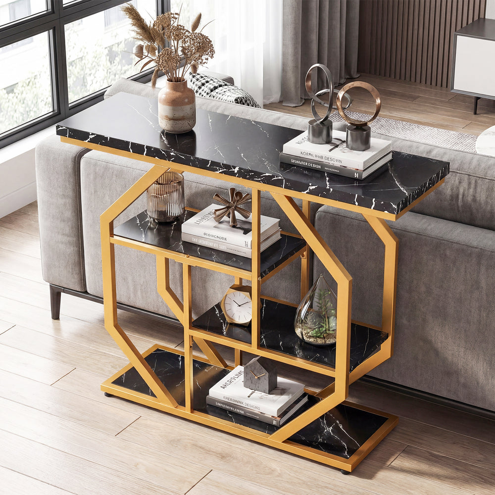 Sleek side view of modern console table featuring black faux marble top and gold metal frame, ideal for stylish decor.