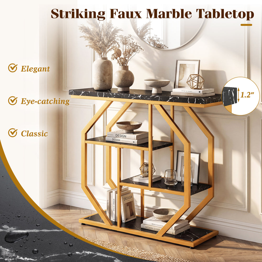 Modern console table with faux marble tabletop, gold frame, and 4 tiers for stylish organization in any living space.