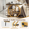 Modern 4-tier console table with faux marble tabletop and golden metal frame, perfect for hallway or living room.