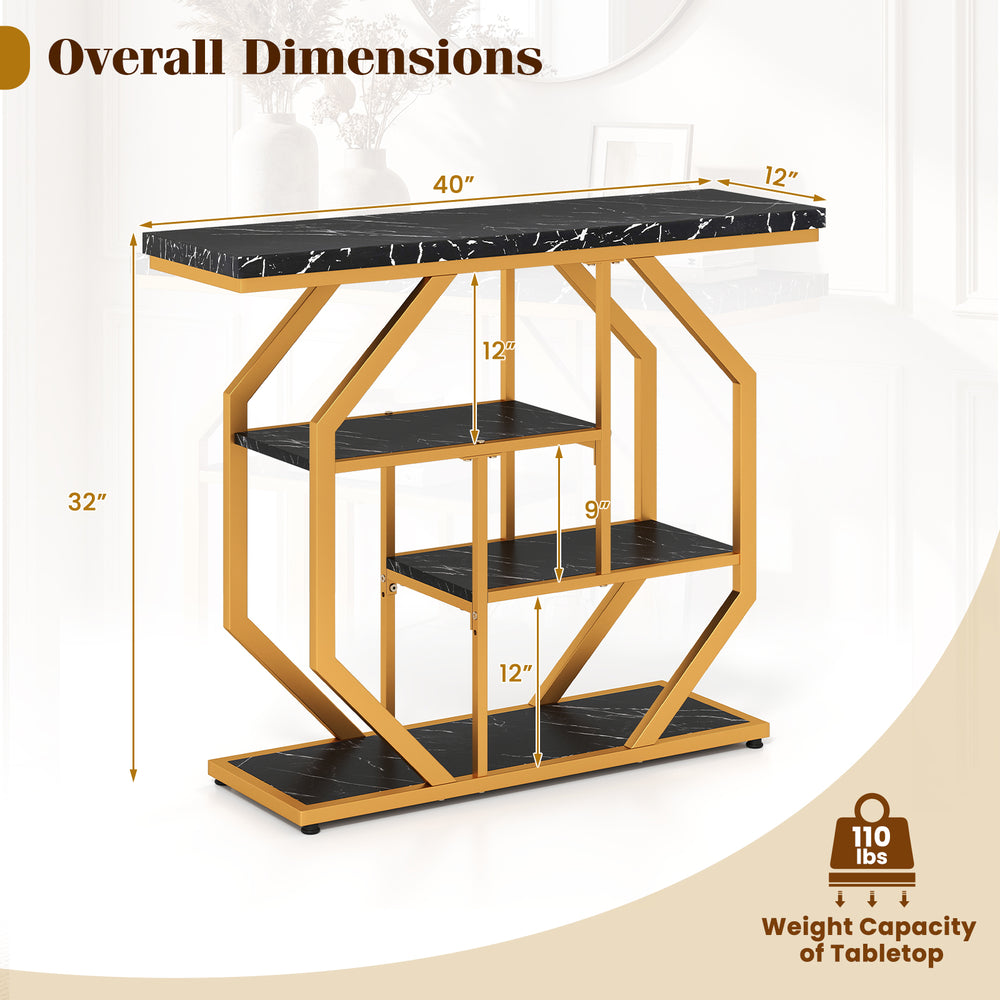 Detailed view of the modern console table showcasing the elegant black faux marble top with a gold geometric frame.