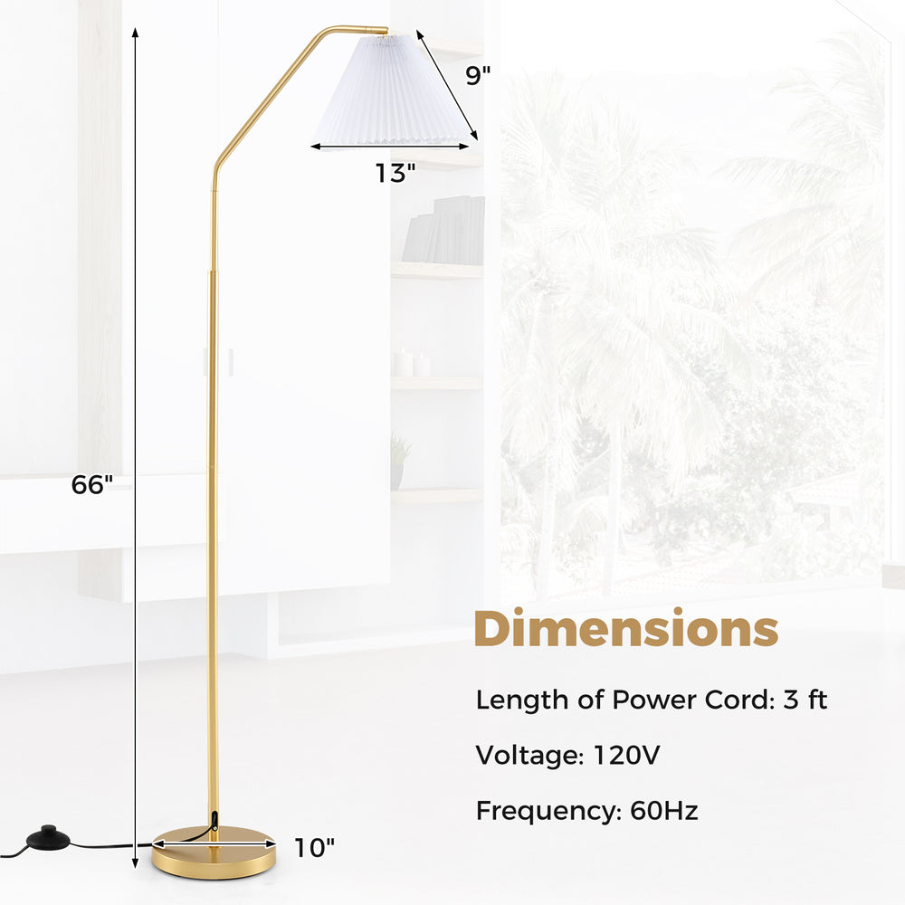 Modern standing lamp with adjustable head and pleated lampshade, 66 inches tall, ideal for living room or bedroom.