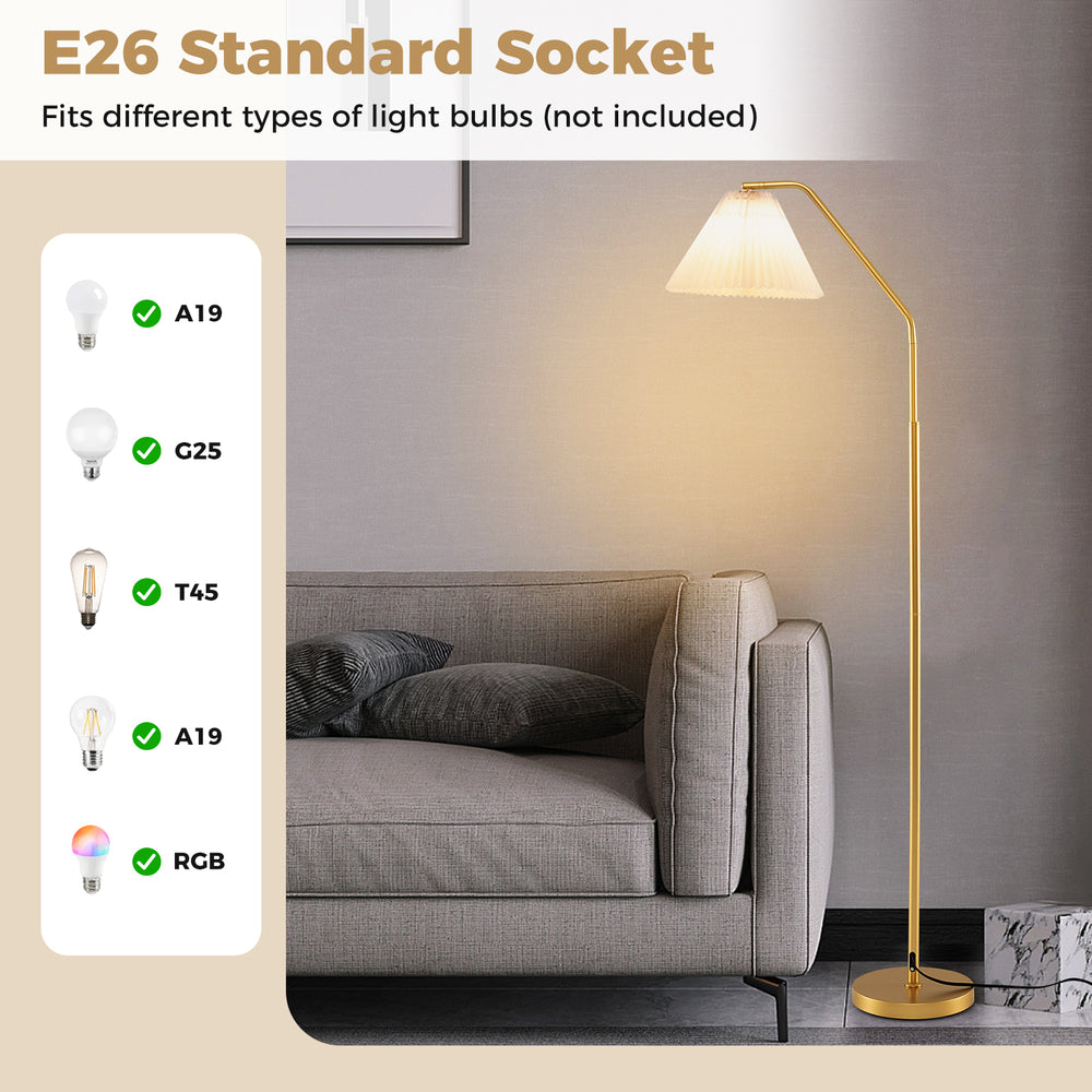 Modern standing lamp with pleated lampshade and adjustable head, featuring an E26 socket for versatile lighting options.