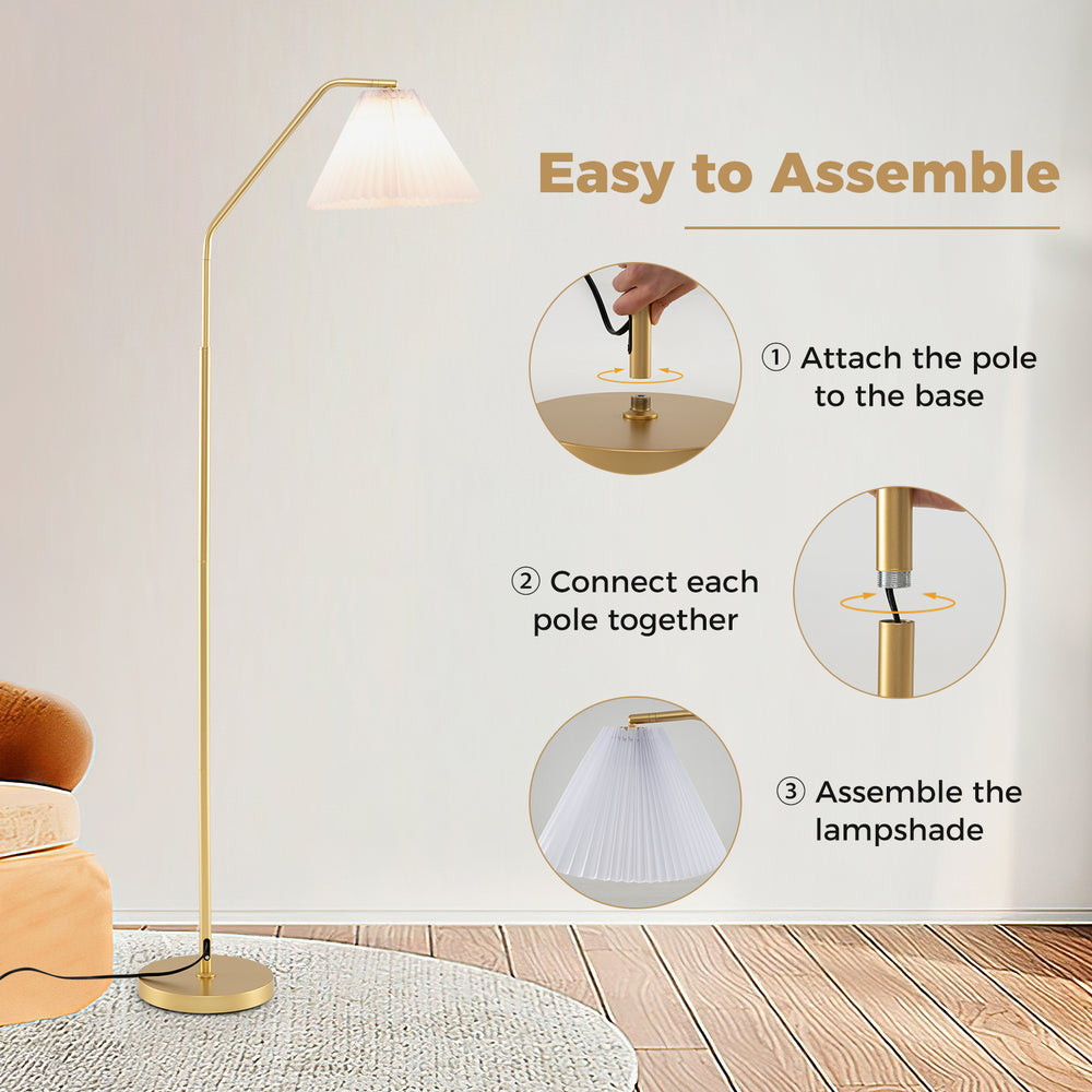 Modern standing lamp with pleated lampshade and adjustable head, easy to assemble for living room or bedroom use.