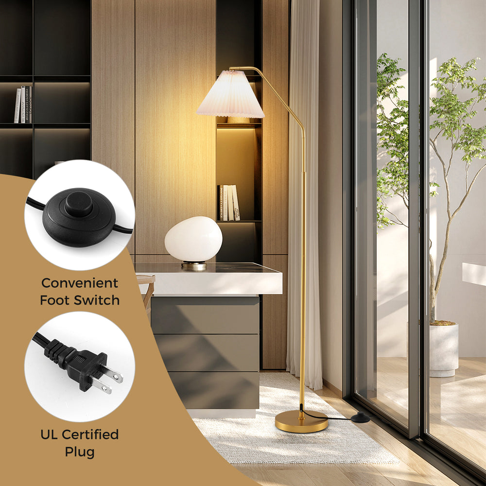 Modern standing lamp with pleated lampshade and adjustable head, featuring a convenient foot switch for easy operation.