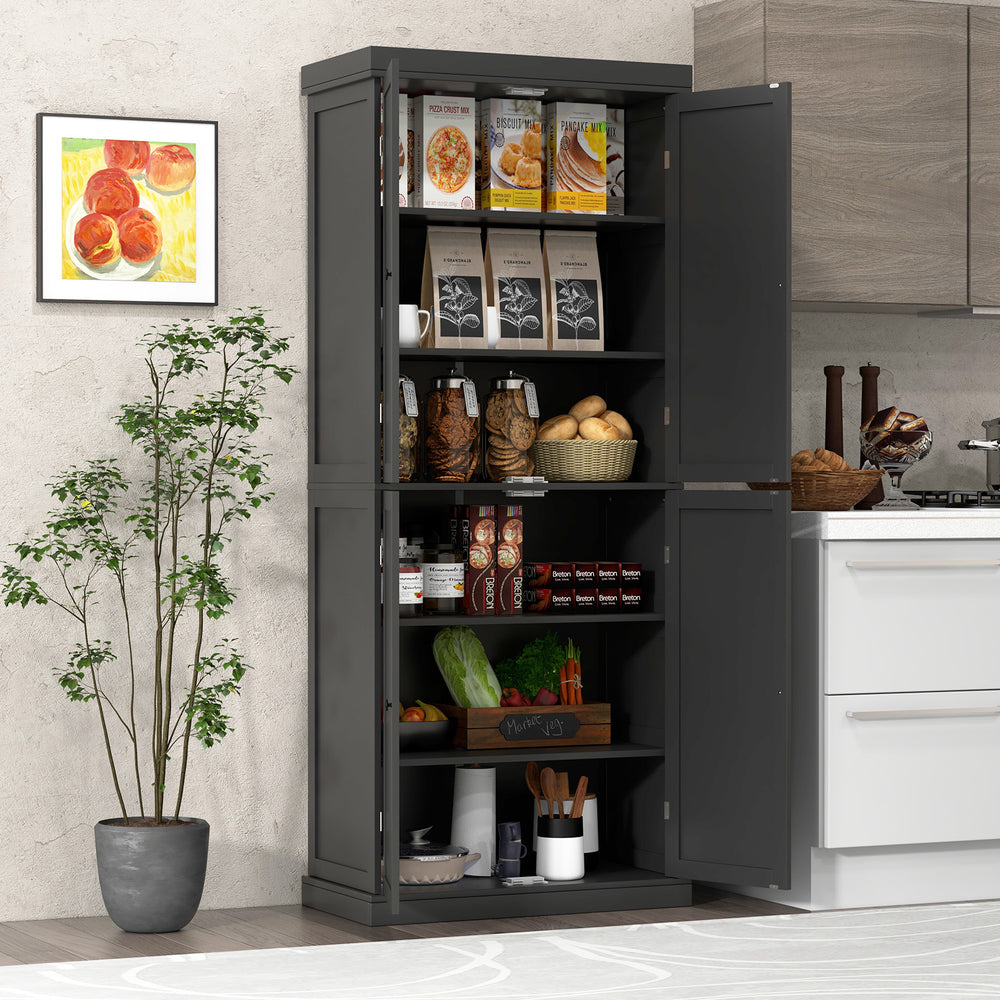 Black buffet cabinet with open doors revealing 6-tier shelves, perfect for stylish kitchen organization and modern.