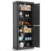 Interior view of the black buffet cabinet displaying 6-tier shelves filled with various kitchen supplies for organized.