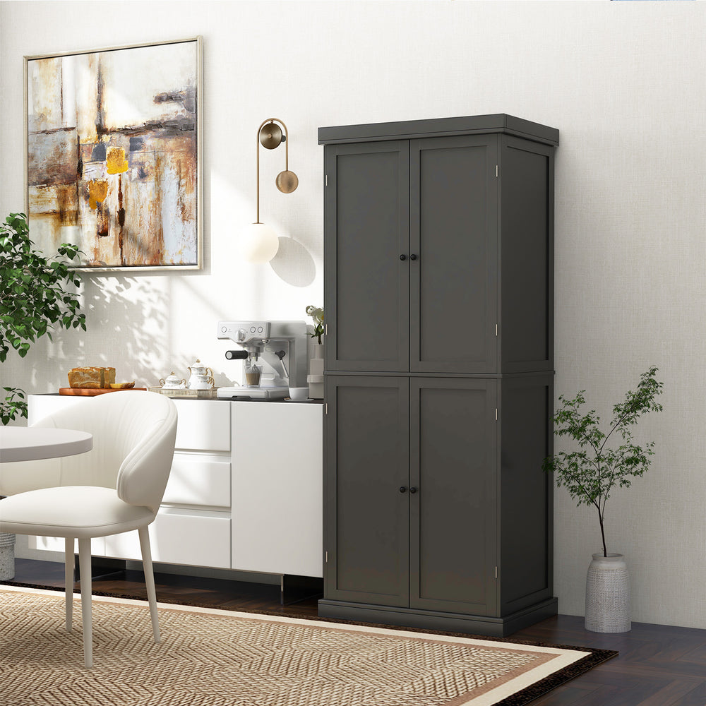 Black 72.5-inch tall buffet cabinet with 4 doors and adjustable shelves, ideal for kitchen and dining room storage.