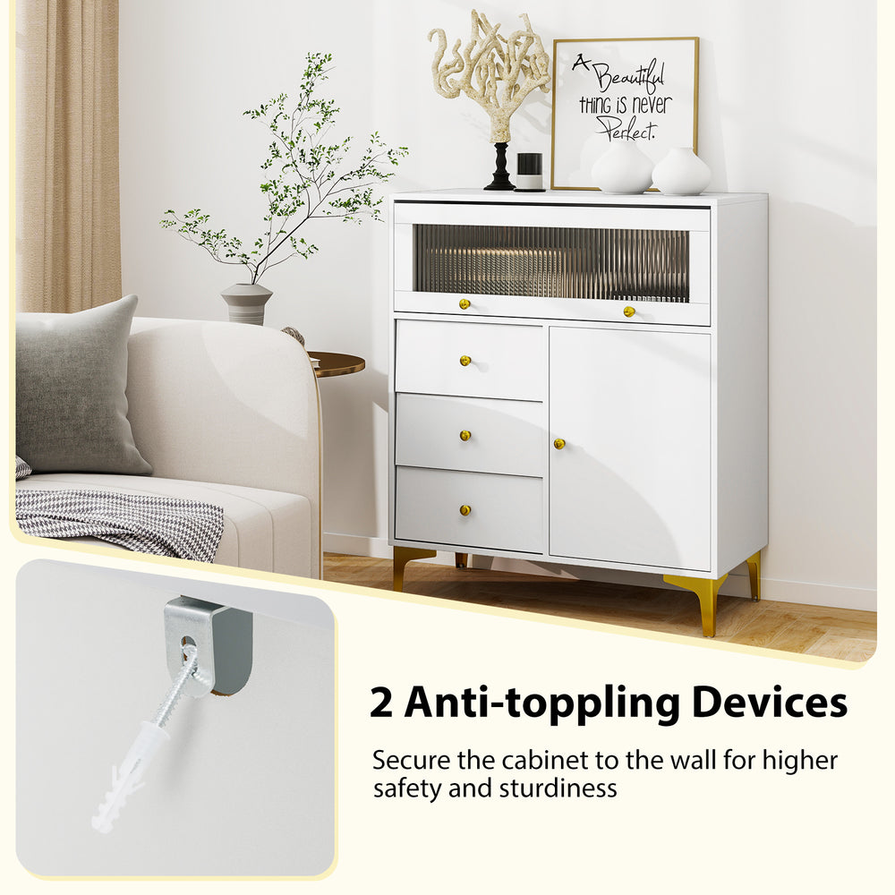Chest of drawers with flip-up fluted glass door, gray finish, featuring 3 drawers and 2 cabinets for versatile storage.