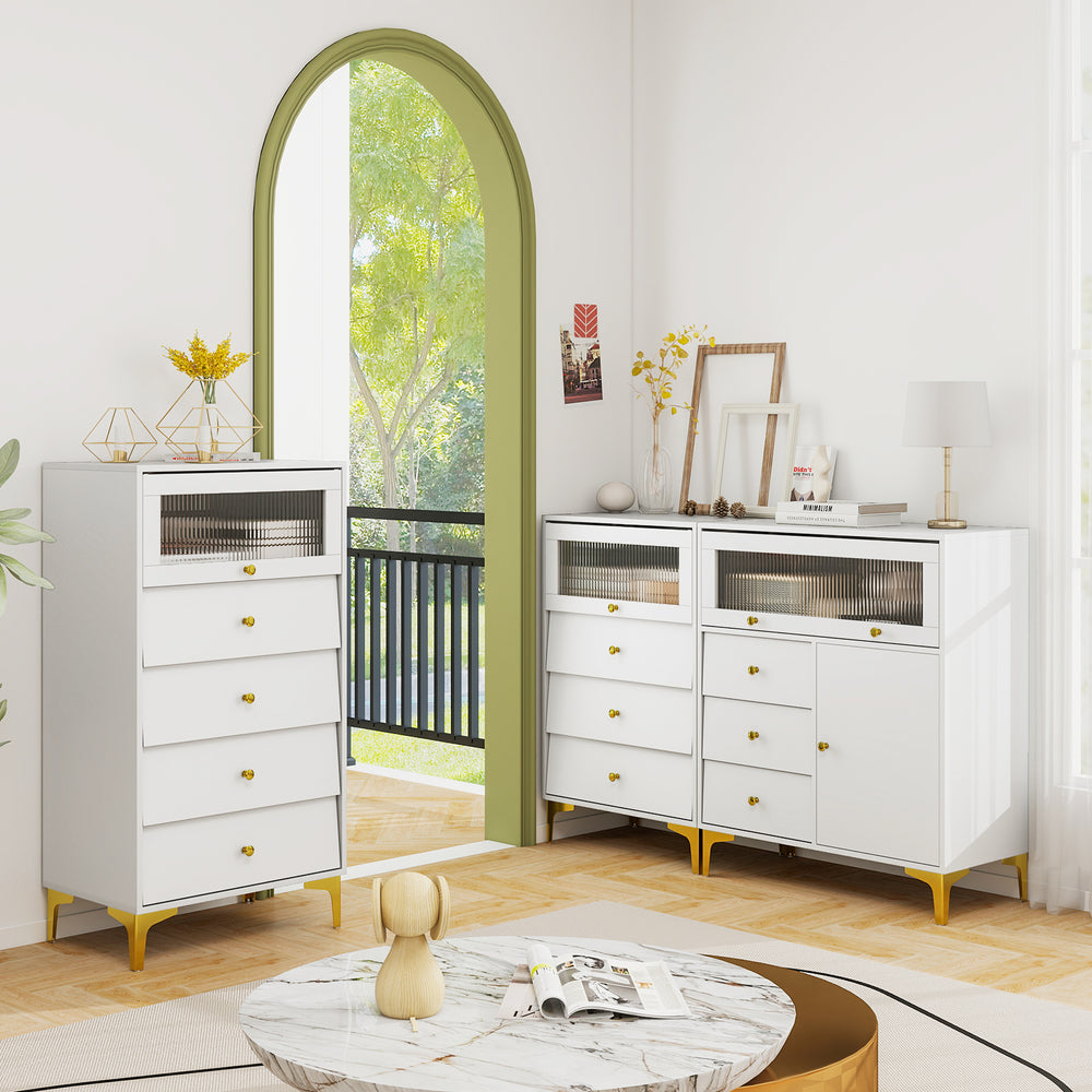 Chest of drawers in gray with fluted glass door, showcasing unique inclined drawer fronts and sturdy metal legs for.