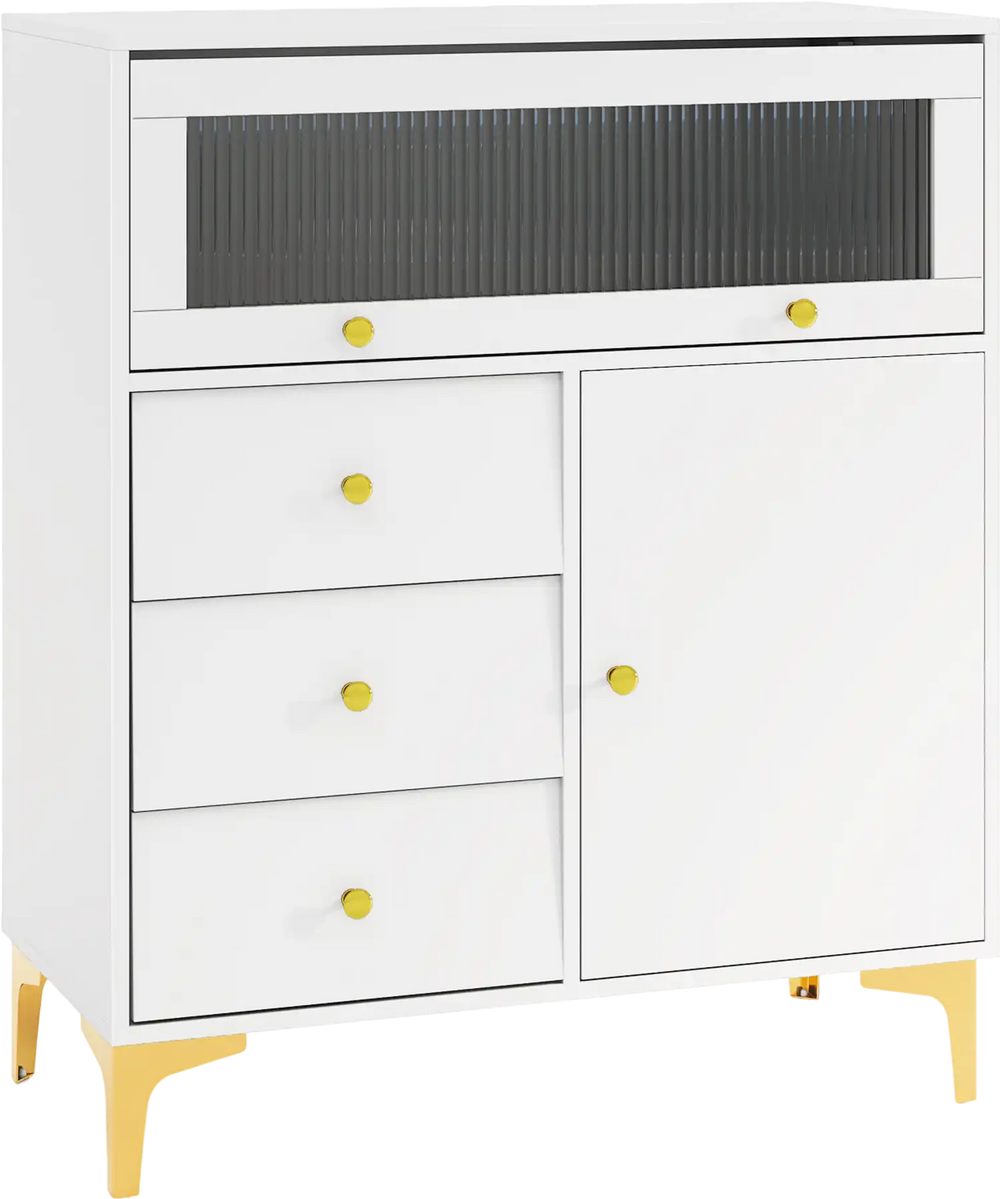 Chest of drawers with fluted glass door, featuring 3 drawers and 2 cabinets, ideal for bedroom or kitchen storage.