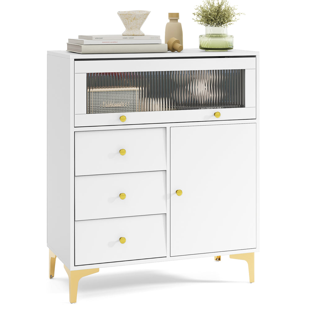 Chest of drawers with flip-up fluted glass door, featuring 3 drawers and 2 cabinets, ideal for bedroom or kitchen.