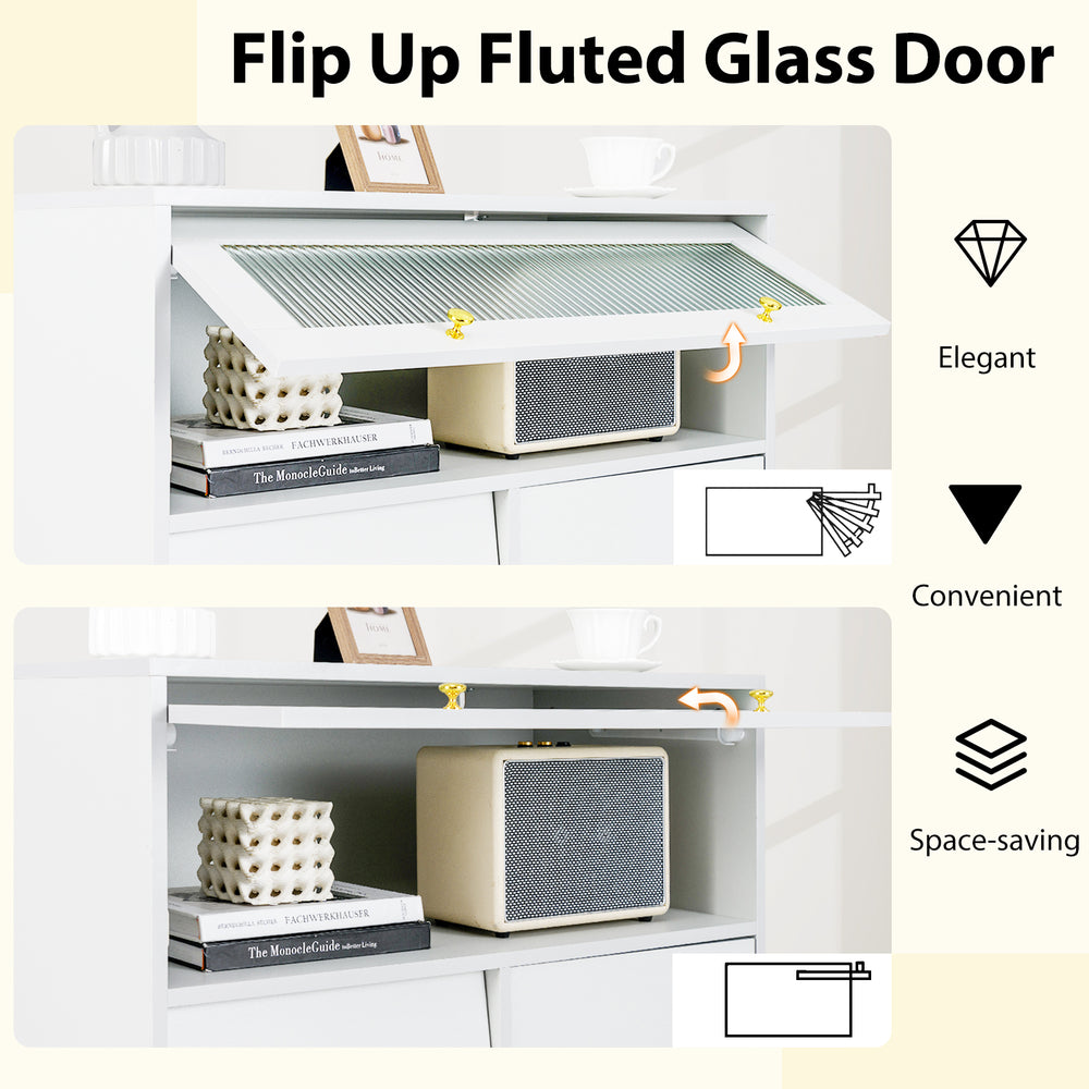 Chest of drawers with a flip-up fluted glass door, gray finish, featuring adjustable shelf and elegant design for.