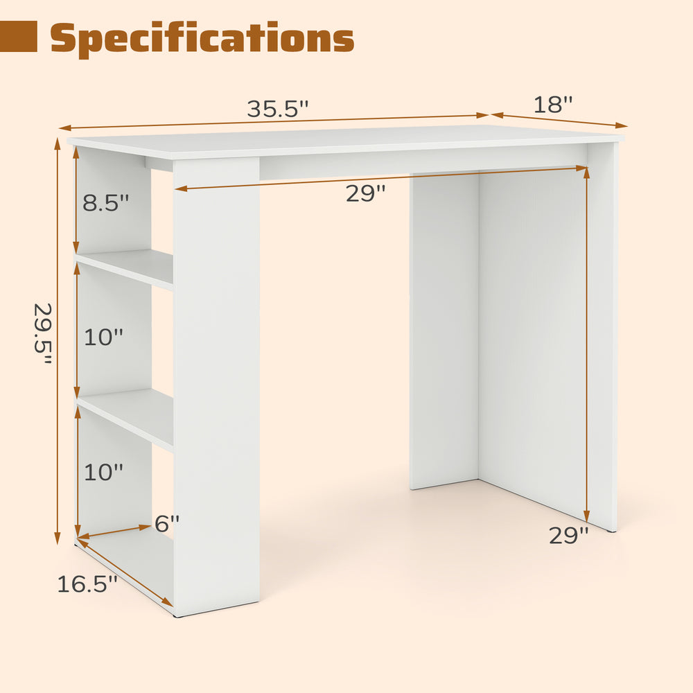 White computer desk with side bookshelf, dimensions 35.5"x18"x29", ideal for small spaces and easy maintenance.