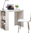 White computer desk showcasing a side open bookshelf, designed for narrow spaces, perfect for organizing your workspace.