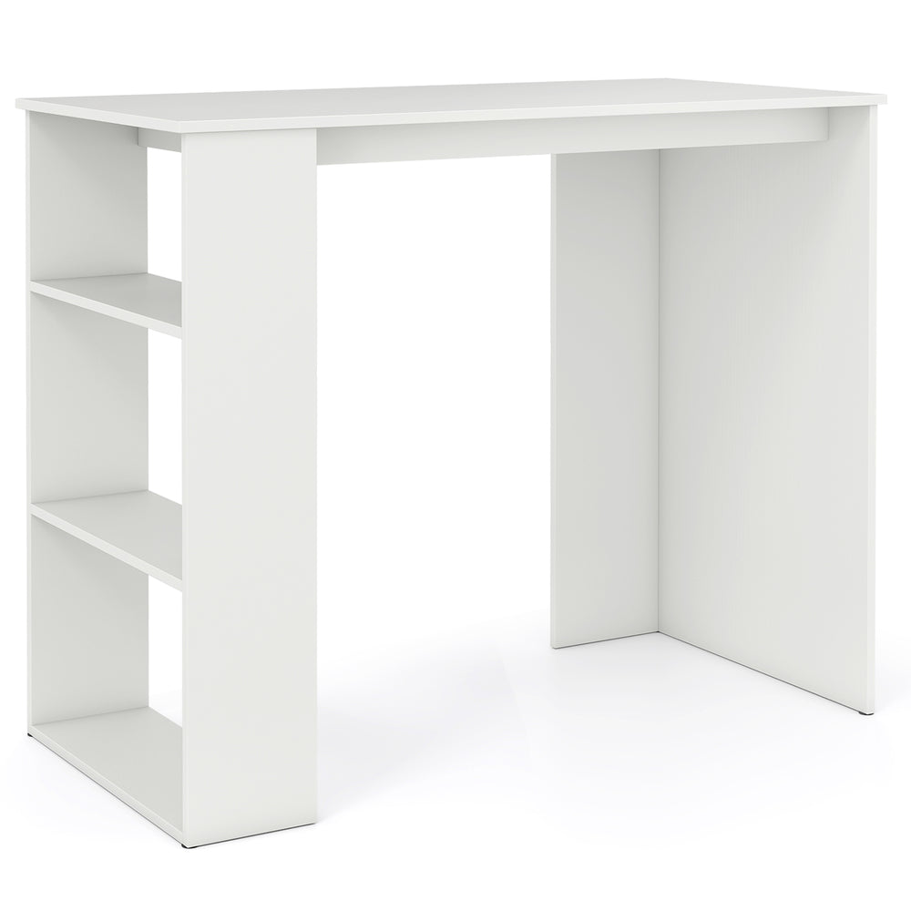 White computer desk with side open bookshelf, perfect for small spaces, ideal for study or living room organization.