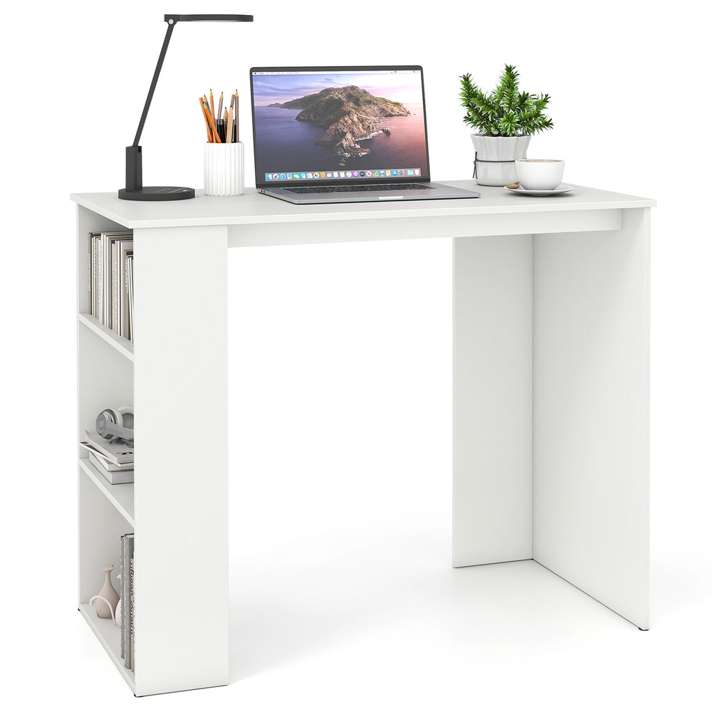 Compact white computer desk with side bookshelf, perfect for small spaces, ideal for home office or study.
