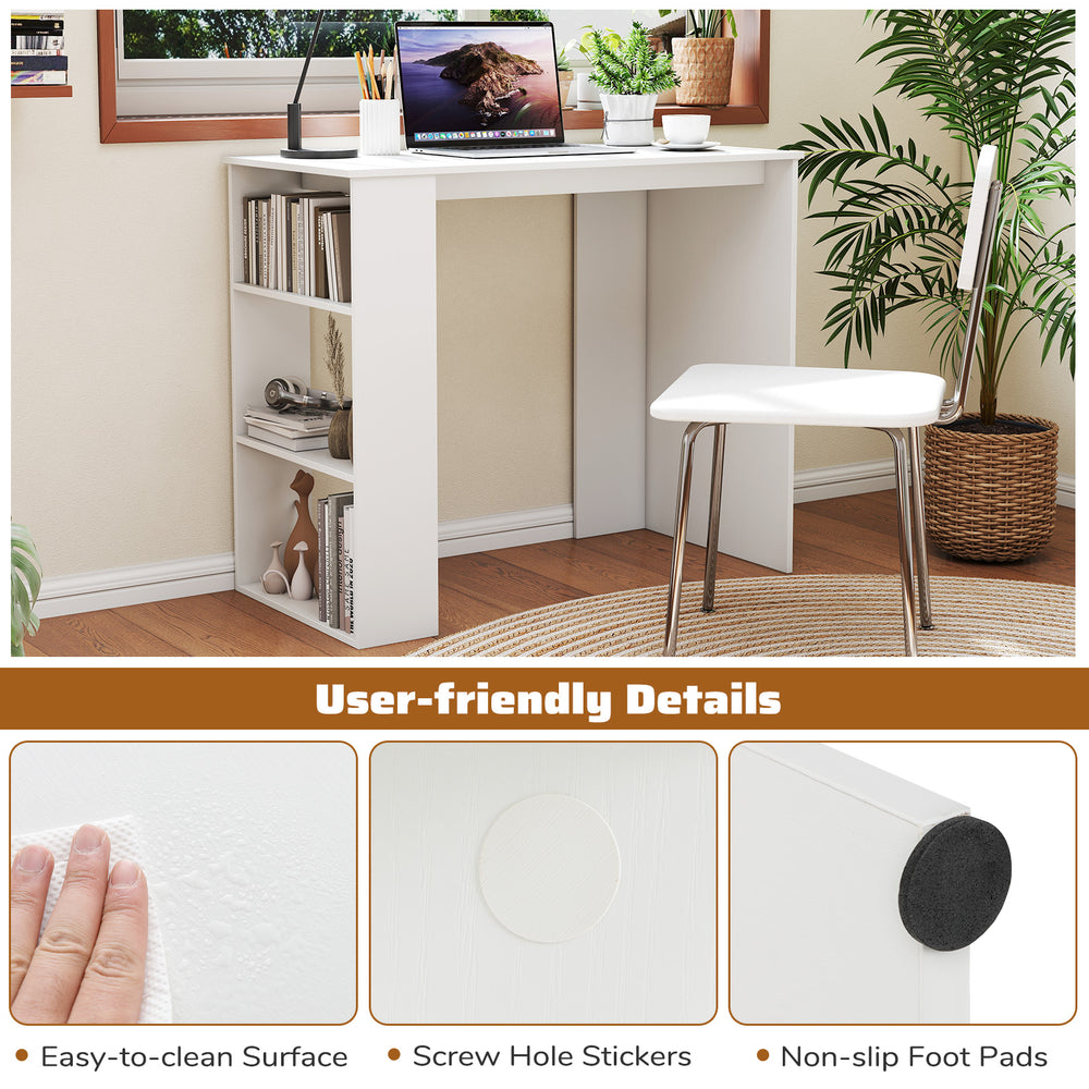 Compact white computer desk with side bookshelf, smooth surface, and non-slip foot pads for easy maintenance in small.