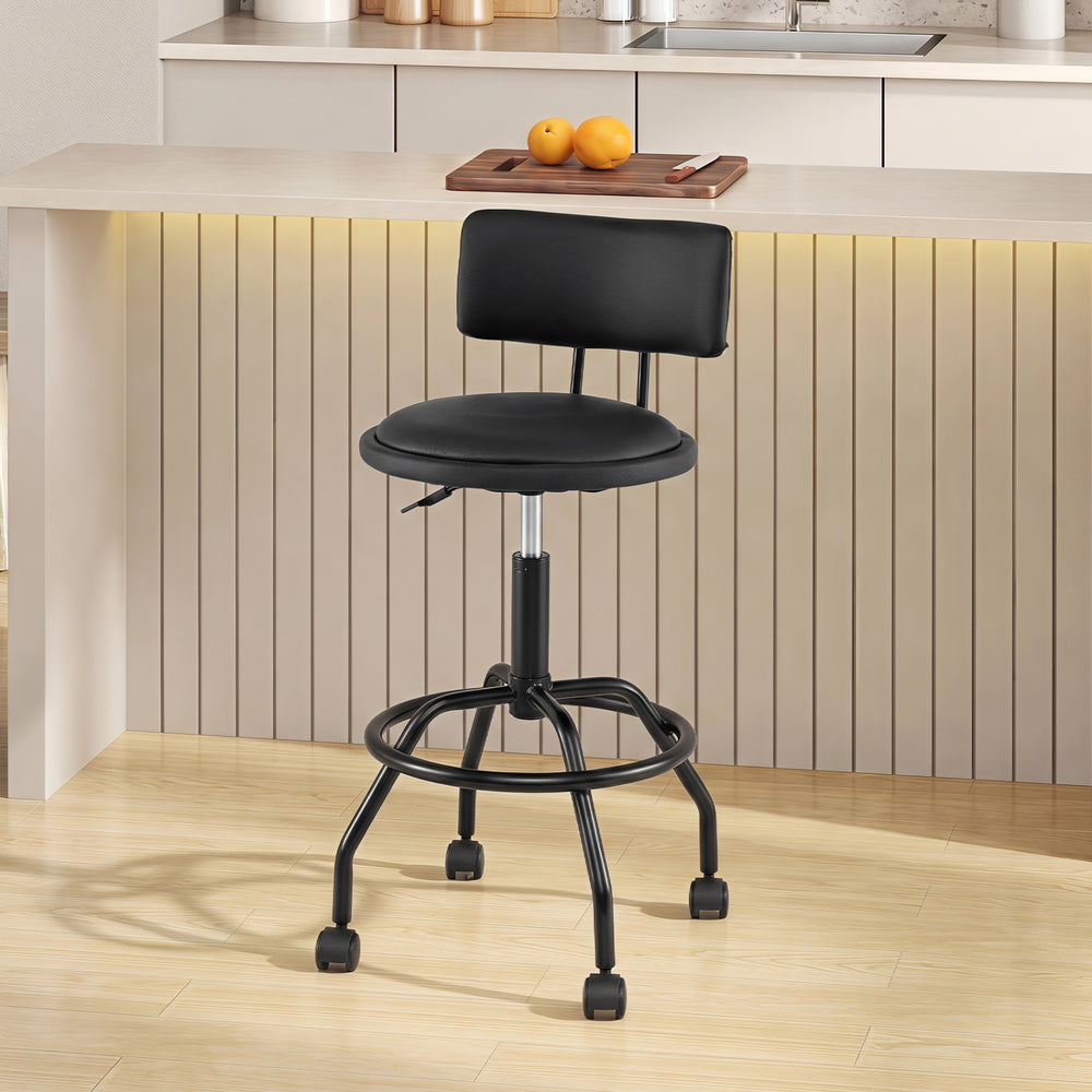 Modern black swivel bar stool with adjustable height, ergonomic backrest, and wheels for easy movement in kitchens.