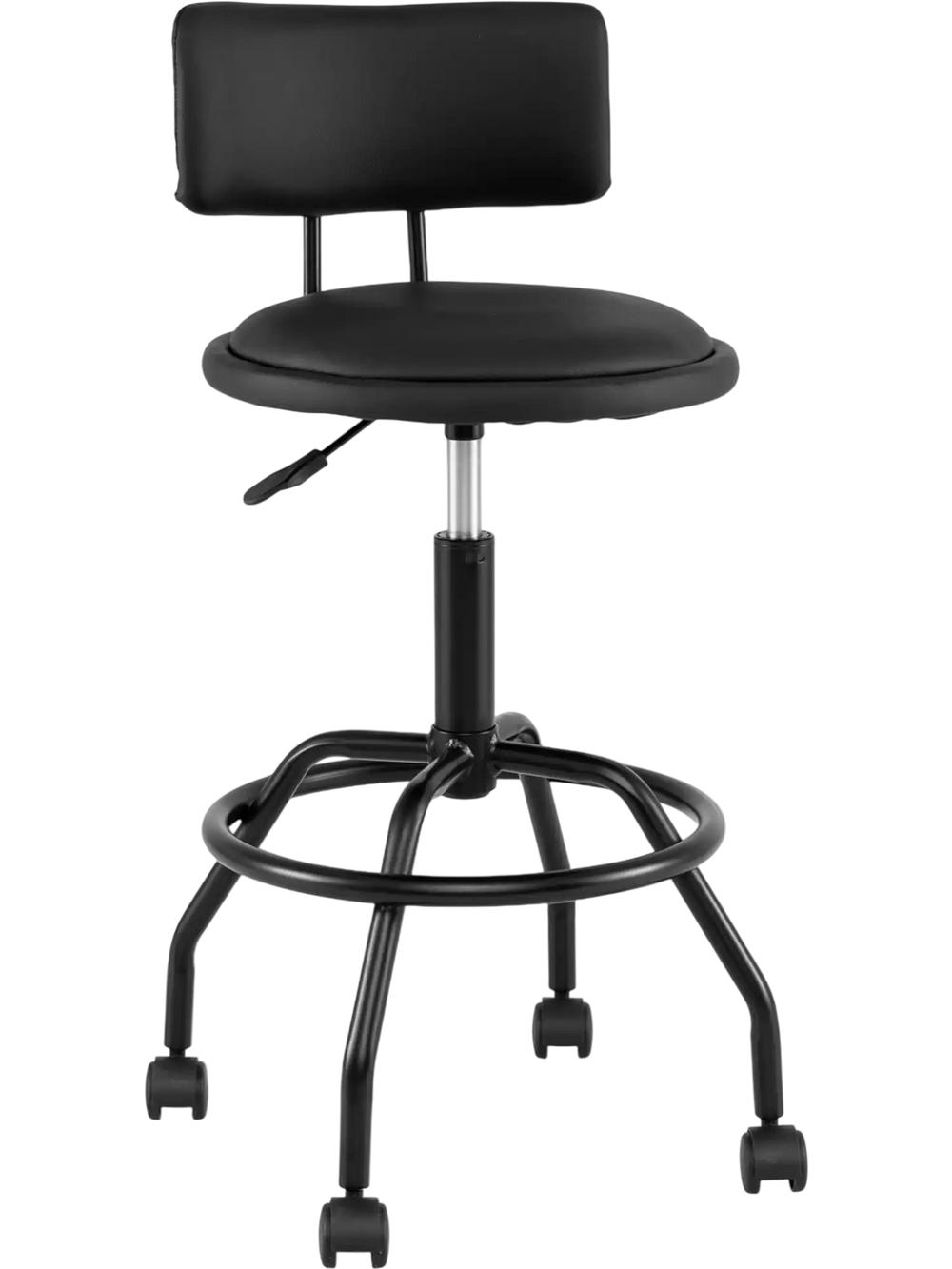 Modern black swivel bar stool with adjustable height, ergonomic backrest, and universal wheels for easy movement.