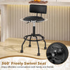 Modern black swivel bar stool with adjustable height, backrest, and wheels, perfect for kitchen islands or bar tables.