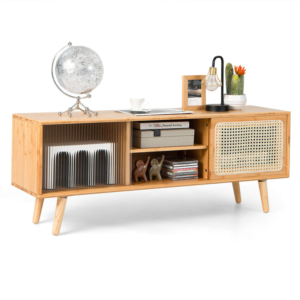 Modern TV Stand with Rattan Glass Sliding Doors-Natural - Gallery View 1 of 11