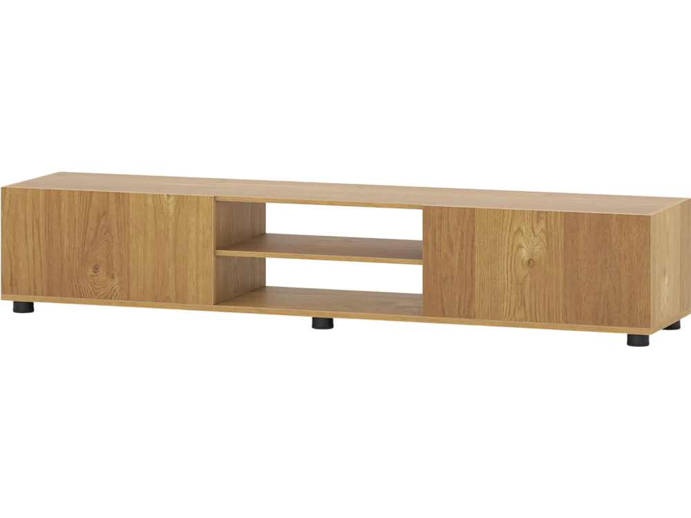 Modern TV stand in natural finish with 2 doors and open shelves, designed for TVs up to 70", ideal for organizing media.