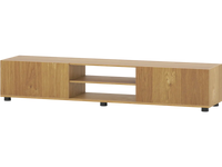 Modern TV stand in natural finish with 2 doors and open shelves, designed for TVs up to 70