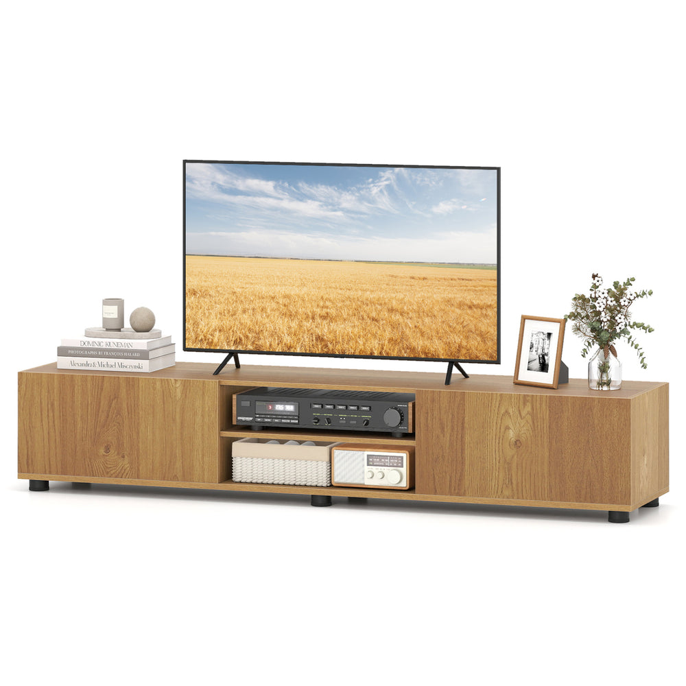 Modern TV stand in natural finish, designed for up to 70" TVs, featuring 2 doors and open shelves for organized storage.
