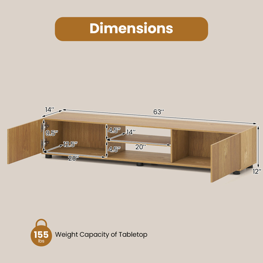 Dimensions of the Modern TV Stand with 2 doors and open shelves, suitable for TVs up to 70", featuring ample storage.