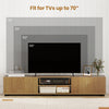 Modern TV stand designed for TVs up to 70", featuring two doors, open shelves, and a natural wood finish.