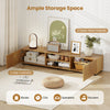 Modern TV stand with natural finish, featuring 2 side cabinets and 2 open-back shelves for organized media storage.