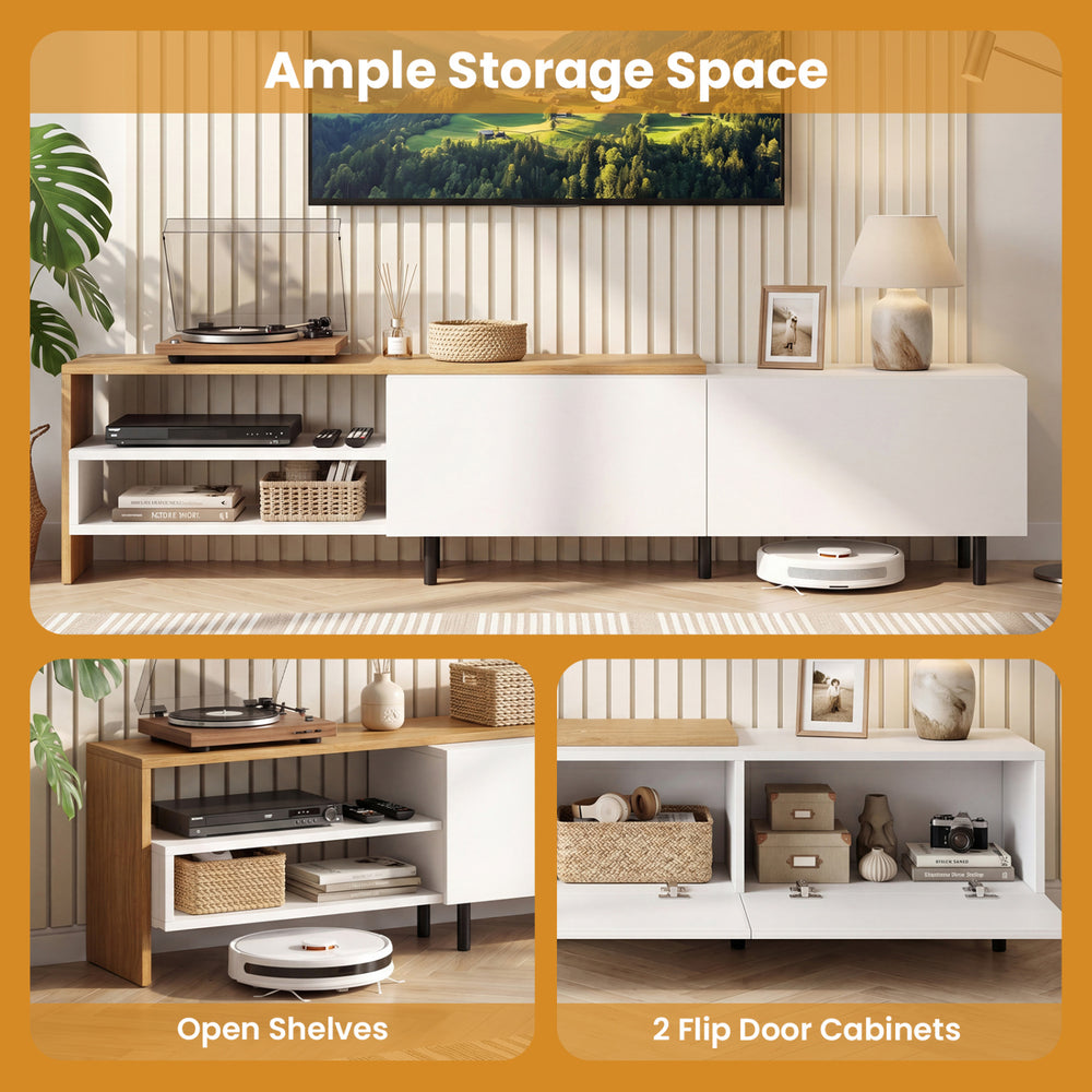 Modern TV stand in white with open shelves and two flip door cabinets, designed for 80-inch TVs and ample storage.